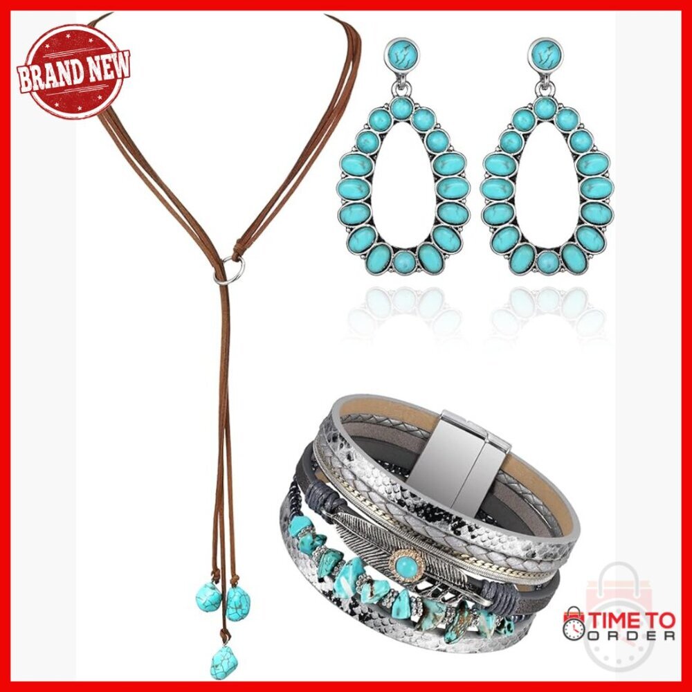 Bohemian Jewelry Set with Pendant Choker, Layered Bracelet, Dangle Earrings